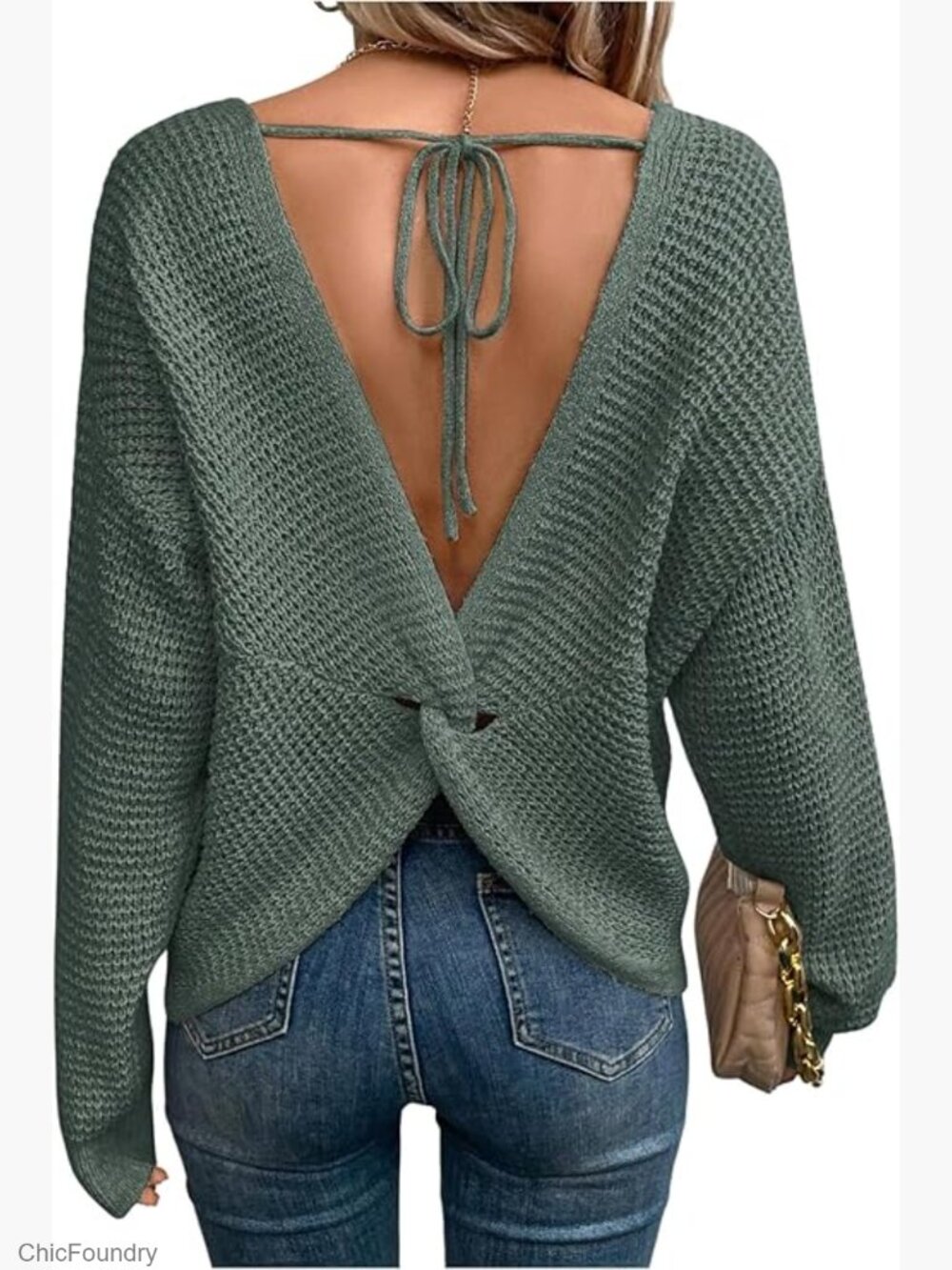 Cropped Open Back Sweater Pullover Knit Top Twist Tie Dailywear